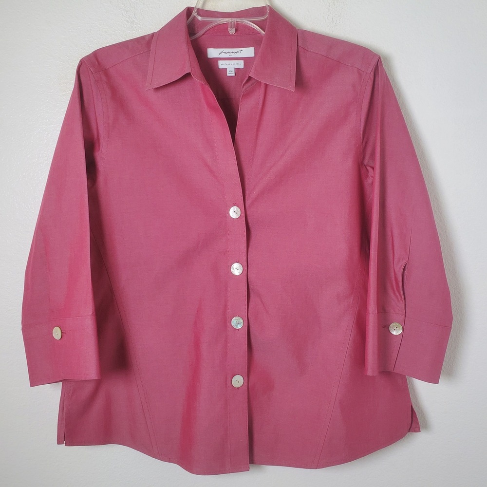 Foxcroft Women's Heritage Non-Iron Cotton Shirt Shaped Fit Pink Red 12P Petite - Picture 10 of 10